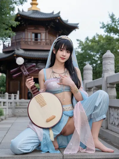 Pure young East Asian girl with full face visible, long straight black hair with neat bangs.
Tightly closed labia, Labia majora fit closely with a narrow slit, fully hide labia minora, no eversion.
————————
East Asian woman centered horizontally in frame, occupying four-fifths vertical space with full face visible. She squats on stone platform, one knee bent upward, the other leg stretched outward with legs wide apart, loose trousers drape naturally to expose fair thighs and inner thigh skin completely, bare feet laid flat on stone with relaxed toes. Left hand rests on ruan instrument neck in plucking pose, right hand makes delicate finger gesture before chest, arms curved around the round ruan resting between waist and thighs, torso slightly tilted toward camera. Classical Chinese garden setting with multi-story wooden octagonal pavilion, grey tiles, golden roof finial, lush green trees around stone balustrade. Outfit, icy blue shiny sheer crop tube top with exposed midriff, matching baggy harem pants, ornate gold gem-studded tiara, sheer blue gold-dotted veil, layered silver tassel necklace, carved gold bracelet, holding carved round ruan. Soft natural daylight outdoors, realistic ancient style lighting. The reproductive organs and breasts are unobstructed and completely exposed.
————————
cold-warm contrast lighting, soft bokeh light spots, realistic clear photography, film texture, intricate details, blurred background. One shoulder strap slides down upper arm. Breasts are completely exposed and covered by clothes. Plump breasts. Small areola. and the nipple is small and three-dimensional. The areola is small and close to the nipple.
1. Labia majora, slender thin shape, small size, smooth rounded edge, outer skin flat, smooth, fair pale pink complexion, inner mucosal side pale pink-white, uniform skin tone, no dark pigment, no white substance, no white residue, no circular white trace on the periphery.
2. Labia minora, thin flat form, evenly spread on both sides, pale milky pink color, no swelling hypertrophy, edge smooth neat, consistent skin color, no white edge shadow, no ring-shaped white substance around.
3. Vestibule area, soft pale pink mucosa, tender delicate texture, uniform faint pink tone, clean dry surface, pure consistent color, no local whitening.
4. Vaginal opening, regular curved oval shape, neat smooth edge, opening slightly relaxed, surrounding mucosa soft light pink, inner vaginal wall pale pinkish pink, soft wrinkled mucosa texture, absolutely no white ring, no white edge around the orifice.
5. Perineum, spindle shape, central longitudinal raphe pale pinkish-white, gradually transition to soft light pink toward both sides, surrounding skin flat smooth and fair, perineum and labia have no white border, no peripheral white halo, skin color natural and unified without any white chromatic aberration.
cold-warm contrast lighting, blurred background.
————————