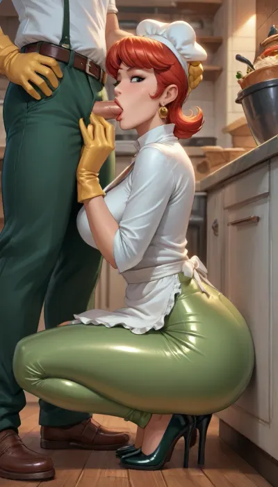 reiq. art style, white MILF, Dexter's mom from Dexter's laboratory, red hair, (plump ass thighs hips), dark green pants, dark green short heels, white shirt, white cooking apron, yellow rubber gloves, squatting, blowjob, white man, big dick