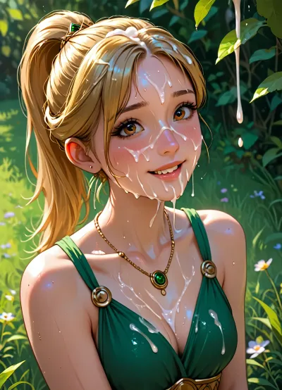 beautiful sexy 20 year old woman, golden hairs, slim body, medium breast, big beautifull Brown eyes, ponytail, <lora:ThePitXL:.5>, <lora:J_cartoon:.5>, <lora:Animated_Concept:.5>, <lora:outline_xl_kohaku_delta_spv5x:2>, erect-futa, erect-penis, woman, testicles, erection, <lora:SDXLlora13ErFut:1>, sunny summer garden, green grass, golden bracelets, golden necklace, thin golden gladiator sandals, unfastened green mini dress, (flush:1.2), (sweaty:1.2), smiling, standing, cum dripping from chin, (Cum details), realistic cum, Prominent cum, (white cum:1.5), cum on, (Cum flows:1.2), (cum on body:1.3), cum on head, (cum on face:1.4), ((body covered with semen)), cum, face, Face covered in cum, (A lot of cum:1.5), (solo)