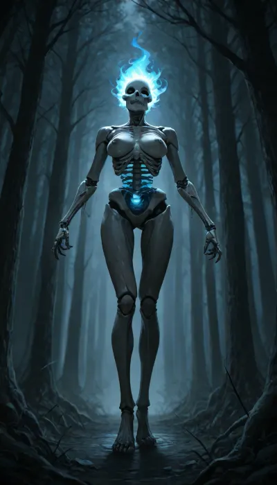 "a terrifying full skeletal figure with zero flesh remaining, stark white polished bones, a pair of large bony breasts protruding from the ribcage, each breast made of articulated rib-like bone plates with a prominent bony nipple, hollow eye sockets burning with faint blue spectral light, jaw agape in a silent scream, long slender skeletal arms with clawed finger bones reaching forward, long bony legs striding through a deep dark forest at midnight, dense twisted tree trunks covered in moss, thick ground fog swirling around skeletal ankles, pale moonlight piercing through the canopy in thin beams, silver-blue light casting long shadows across the bones, fog catching the moonbeams, cinematic horror composition, low-angle shot looking up at the towering skeleton, photorealistic, hyper-detailed bone texture with subtle cracks and calcification, volumetric lighting, eerie and ominous atmosphere, ultra high detail, 8K"