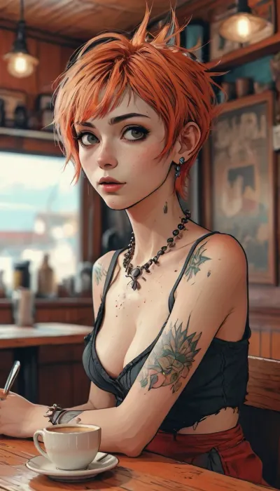 score_9, score_8_up, score_7_up, source_anime, close up portrait, Masterpiece, dynamic view, 1woman, 35 years old, mature, (ginger hipster with spikey pixie hair, in a trendy coffee shop, boho style, Bohemian style, (((short messy spikey pixie cut))), thick, muscular, angular face, busty, cleavage), solo, (sitting at table, leaning slightly forward, open eyes, looking at viewer:1.4), wide jaw, (A detailed anime drawing with clean lines and meticulous shading, flat colors, line art, no gradients), realistic anatomy, Moebius, detailed face, (Jean, Giraud), page, lineart, <lora:Moebius (Jean Giraud) Style:1>, <lora:outline_xl_kohaku_delta_spv5x:1>, <lora:lineartSDXL:1>, <lora:MJ52:.8>, Andava, Andavaverse, realistic drawing, ((markgavatino style)), Melkor mancin style, masterpiece, simple background, <lora:mk_Bp Anime_xl:.1>