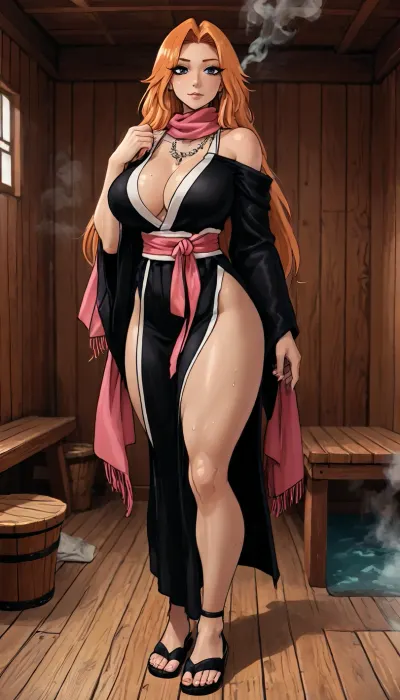 (innv meets jack cayless style), (reiq style, masterpiece, cel-shaded, limited color palette), ((Beautiful Muscles Sexy Rangiku matsumoto from bleach anime body:1.5)), (1girl, solo, alone, 21 year old woman), (gorgeous, long orange hair, seductive face, ads, large huge breast, muscles, perfect legs, big ass, sweaty body), ((Rangiku bleach shinigami clothes with open wide)), ((dressed over shoulders long pink scarf)), (necklace, sash), (sandals), (standing playful posing), (sauna, steam, wood, smoke), ultraviolet light, LoL, Style, lineart, line, art, flat, colors, color, bleach, solo, japanese, clothes, black, kimono, <lora:LCMTurboMix_Euler_A_fix:2>, <lora:lineartSDXL:2>, <lora:EnvyBeautyXL01:2>, <lora:mk_Bp Anime_xl:2>, <lora:checkpoint-e100_s1300:2>