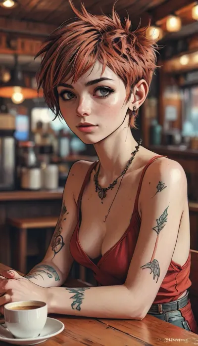 score_9, score_8_up, score_7_up, source_anime, close up portrait, Masterpiece, dynamic view, 1woman, 35 years old, mature, (ginger hipster with spikey pixie hair, in a trendy coffee shop, boho style, Bohemian style, (((short messy spikey pixie cut))), thick, muscular, busty, cleavage), solo, (sitting at table, leaning slightly forward, open eyes, looking at viewer:1.4), wide jaw, (A detailed anime drawing with clean lines and meticulous shading, flat colors, line art, no gradients), realistic anatomy, Moebius, detailed face, (Jean, Giraud), page, lineart, <lora:Moebius (Jean Giraud) Style:1>, <lora:outline_xl_kohaku_delta_spv5x:1>, <lora:lineartSDXL:1>, <lora:MJ52:.8>, Andava, Andavaverse, realistic drawing, ((markgavatino style)), Melkor mancin style, masterpiece, simple background, <lora:mk_Bp Anime_xl:.1>