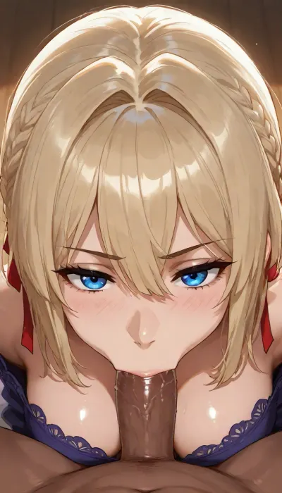 (Violet Evergarden form Violet Evergarden), (deepthroat black cock), cleavage, (View from above:1.5), first person view, staring straight at camera，volumetric lighting, intricate details, view from side, shot on iPhone 16 Pro Max 24mm main lens f/1.8, lifelike colors
