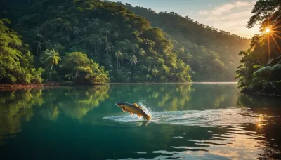 Very realistic, highest quality, full color image, 8K resolution, sunrise, dense tropical forest, lake, bright rich colors, big fish jumping out of the water.