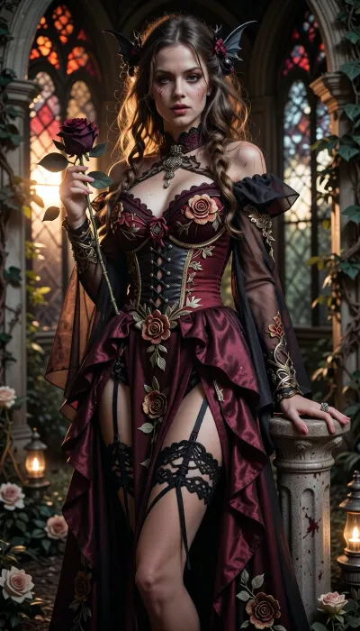 The Goddess of Decay – Gothic Elegance Meets Organic Ruin
A moody, cinematic portrait of Tulsa, (late 30s), standing in a sunken garden at dusk, her silhouette backlit by the setting sun through stained-glass windows—casting fractured red and amber light across her face. She wears a hand-embroidered gown in deep burgundy with gold thread depicting rotting roses, (petals melting into thorns), the fabric deliberately textured like aged silk.
- The dress features a high slit on both sides, revealing black lace-up corset panels beneath, the laces untied at the back, suggesting she’s been undone recently.
- A floor-length cape, (made of translucent organza), drapes over her shoulders, stained with what appears to be dried wine or blood—the pattern subtle but intentional.
- The skirt is voluminous but structured, held up by an invisible corset frame, the layers ruffled at the hem as if caught in a breeze.
Her hair is wild and voluminous, styled in loose, romantic waves with two braids, (one on each side), that unravel slightly, revealing her ears. The ends are bleached white at the tips, as if sun-bleached by neglect.
Makeup, A pale, almost ghostly base with visible powder residue in the creases—like she’s been crying.
- Eyes, Smoky black wings extending beyond her lash line, but only on one side, (left eye fully done, right eye half-smudged, as if she’s just wiped it), .
- Lips painted in cracked cherry red—the color peeling slightly at the corners, revealing a matte nude underneath.
She holds a black rose, (petals dusting with what looks like powdered sugar), in her right hand, the stem barely holding together. Her left hand rests on a weathered marble pedestal, fingers tracing a half-eroded inscription, (the words unreadable), .
Background, A gothic greenhouse with feral vines climbing the arches, dried flowers scattered on the ground, and flickering gas lamps casting long shadows. The light hits her like a halo of fire, but only for a second—then it’s gone.