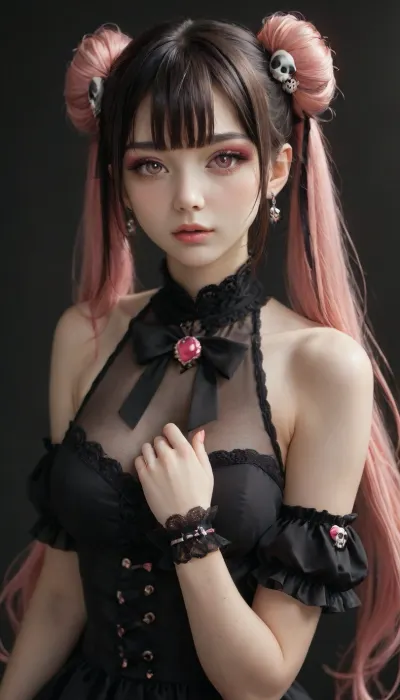 1girl, solo, long hair, breasts, looking at viewer, bangs, simple background, black hair, hair ornament, dress, bow, ribbon, bare shoulders, twintails, jewelry, very long hair, upper body, pink hair, short sleeves, multicolored hair, earrings, parted lips, detached sleeves, sleeveless, puffy sleeves, hand up, bowtie, pink eyes, grey background, hair bun, nail polish, black dress, puffy short sleeves, wrist cuffs, double bun, black bow, makeup, sleeveless dress, black background, brooch, gem, pink nails, skull hair ornament, <lora:Dusk_XL_Goth_Moon_dadapt_cos_1e-7:1.3>, pastel, goth, <lora:EnvyPastelGothXL01:.8>, skirtlift, <lora:skirtlift_xl:.8>
