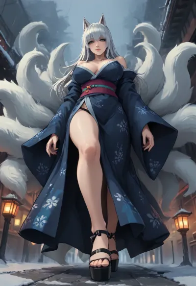 (Owler meets Markgavatino), tamada heijun meets reiq style, masterpiece, highres, absurdres, (fox girl, long straight hair, silver hair, hair over eyes, cold blue eyes, large breasts, kimono, (huge platform sandals:1.4), 9 tails, mysterious, sexy, slight smile), solo, loose top, exposed shoulders, revealing breasts, standing, full body, walking, cold, ice, snowing, ((low bottom view:1.6), (dynamic view:1.7)), <lora:lineartSDXL:.8>, <lora:mk_Bp Anime_xl:.8>
