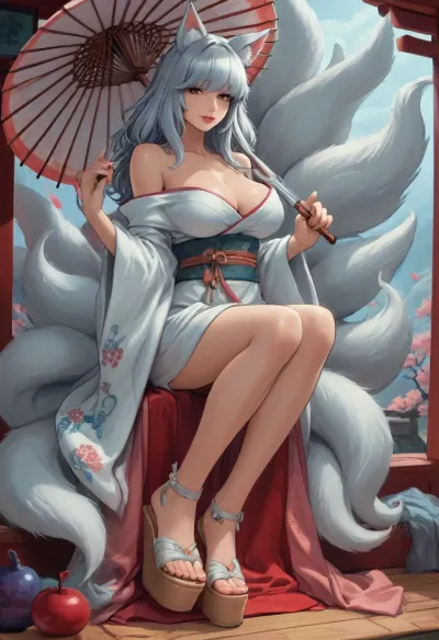 reiq style, masterpiece, (fox girl, long straight hair, silver hair, hair over eyes, large breasts, kimono, (huge platform sandals:1.4), 9 tails, mysterious, sexy, slight smile, holding umbrella), solo, loose top, exposed shoulders, close up, <lora:lineartSDXL:.8>, <lora:mk_Bp Anime_xl:.8>