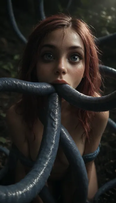 (Jack Cayless art style), (maximum details:1.5), extreme closeup on tentacles entering a girl's mouth and keep moving inside her, keep on moving, further and further inside the girl, very cute obedient 18 yo petite girl, pink hair in pigtails, in dark thick woods at night, ((bright blue seamless tentacles with pointy ends gang bang the girl:1.4)), ((oral penetration:1.9)), thick saliva threads, white wet hair, extra cute, extremely pretty, cute round face and gorgeous face structure, gorgeous model face, ((wet hair)), (cinematic masterpiece), naughty aesthetic, insatiable beauty, <lora:dark:1.1>