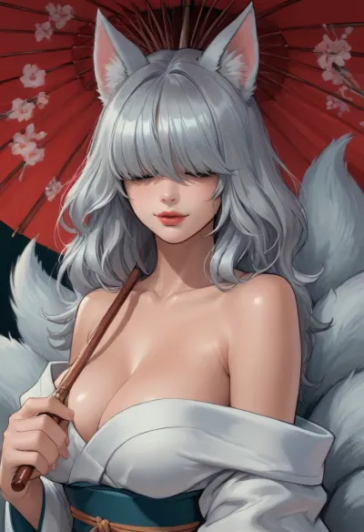 reiq style, masterpiece, (fox girl, long straight hair, silver hair, hair over eyes, large breasts, kimono, 9 tails, mysterious, sexy, slight smile, holding umbrella), solo, loose top, exposed shoulders, close up, <lora:lineartSDXL:.8>, <lora:mk_Bp Anime_xl:.8>