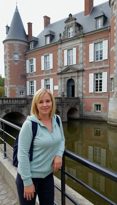 Touriste irlandaise, 50 ans, devant le château de Trazegnies