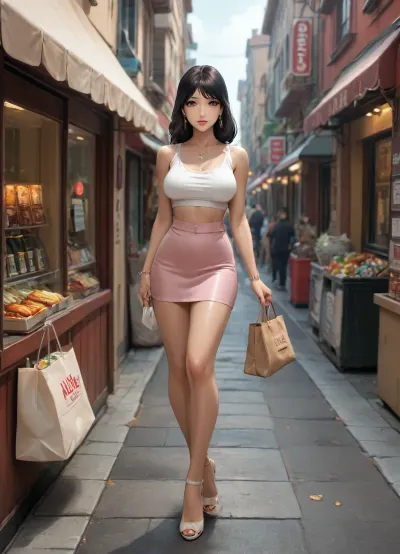 (reiq meets tamada heijun style), masterpiece, best quality, newest, anime style, 1girl, solo, adult woman, korean woman, beautiful face, long black hair, straight hair, brown eyes, smiling, looking at viewer, large breasts, slim waist, long legs, white tight crop top, cream tulip mini skirt, transparent high heels, beige crossbody bag, smartphone in hand, small earrings, thin necklace, standing, full body, outdoors, modern city street, luxury shopping district, sunny day, soft lighting, realistic proportions, highly detailed face
