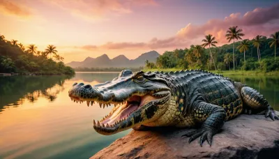 very realistic, best quality, full color picture, 8K quality, sunrise, dense tropical, lake, bright juicy colors, big crocodile on a rock