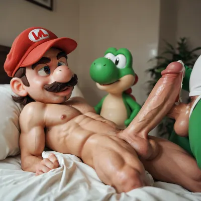 mario-looking adult man fucking luigi-lookng adult man doggie style, huge cock, red hat with "M", Green Hat with "L", scene takes place in Mario bros themed bedroom, Yoshi, mushrooms, green pipes., <lora:Adonis_belt:.8>
