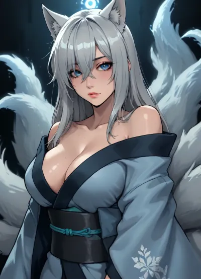 (Owler meets Markgavatino), tamada heijun meets reiq style, masterpiece, highres, absurdres, (fox girl, long straight hair, silver hair, hair over eyes, cold blue eyes, large breasts, kimono, 9 tails, mysterious aura), solo, loose top, exposed shoulders, cold, ice, <lora:lineartSDXL:.8>, <lora:mk_Bp Anime_xl:.8>