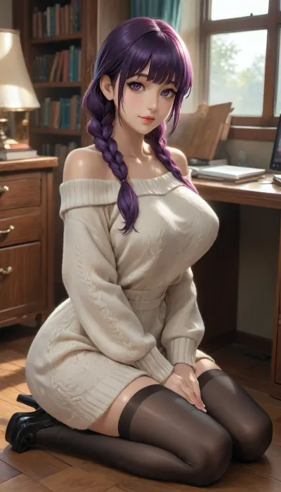 (reiq meets tamada heijun style), masterpiece, best quality, ultra detailed, anime style, 1girl, solo, adult woman, kneeling pose, sitting on her heels, looking at viewer, gentle smile, soft seductive expression, head slightly tilted, long dark purple hair, twin braids, straight bangs, violet eyes, light freckles across nose and cheeks, smooth fair skin, curvy body, large breasts, thick thighs, narrow waist, oversized off-shoulder cream cable-knit sweater dress, long sleeves covering hands, sweater slipping off both shoulders, cozy winter knit texture, black sheer thighhigh stockings, glossy black platform loafers, modern home office, wooden desk, computer monitor, bookshelf, wooden floor, large window, warm afternoon sunlight, soft cinematic lighting, volumetric light rays, cozy atmosphere, photorealistic anime rendering, realistic fabric folds, realistic skin shading, detailed hair strands, depth of field, bokeh, high dynamic range, ray traced lighting, subsurface scattering, sharp focus, intricate details, soft shadows, 8k