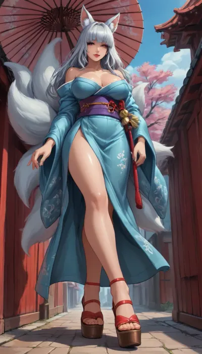 reiq style, masterpiece, highres, absurdres, (fox girl, long straight hair, silver hair, hair over eyes, large breasts, kimono, (huge platform sandals:1.4), 9 tails, mysterious, sexy, slight smile, umbrella), solo, loose top, exposed shoulders, standing, full body, walking, ((low bottom view:1.6), (dynamic view:1.7)), <lora:lineartSDXL:.8>, <lora:mk_Bp Anime_xl:.8>