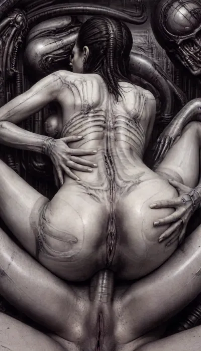 (Highly detailed black and white surreal biomechanical illustration in the style of H.R. Giger), septic flesh, 1girl, 1boy, sex, hetero, anal, sex_from_behind, pussy, penis, fullnelsonpose, arms_behind_head, full_nelson, reversepose, GapingAssholesAllFourQuiron, pose, all, fours, from, behind, spread, ass, <lora:hrg:2>, <lora:g1g3r:2>, <lora:ReverseCowgirlFullNelsonXL:.1>, <lora:SDXL1.0_quiron_GapingAssholesAllFour_v5.1p_Lora:.1>, <lora:Tail_Plug__SDXL:.1>