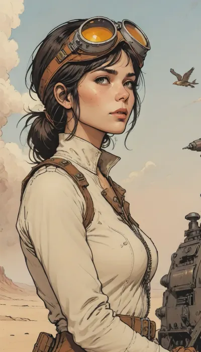 score_9, score_8_up, score_7_up, (A detailed drawing with clean lines and meticulous shading, flat colors, line art, no gradients), close up, realistic anatomy, steampunk, female pilot, pilot uniform, a mechanical bird machine, flying high, deset wasteland, clouds, sand storm, desert city, Moebius, detailed face, (Jean, Giraud), page, lineart, <lora:Moebius (Jean Giraud) Style:1.5>, <lora:outline_xl_kohaku_delta_spv5x:2>, <lora:lineartSDXL:.5>, <lora:sketch_it:2>