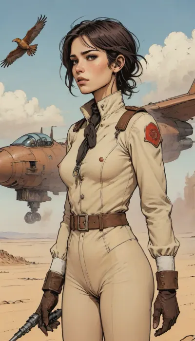 score_9, score_8_up, score_7_up, (A detailed drawing with clean lines and meticulous shading, flat colors, line art, no gradients), close up, realistic anatomy, steampunk, female, long blur hair, pilot uniform, a mechanical bird machine, flying high, deset wasteland, clouds, sand storm, desert city, Moebius, detailed face, (Jean, Giraud), page, lineart, <lora:Moebius (Jean Giraud) Style:1.5>, <lora:outline_xl_kohaku_delta_spv5x:2>, <lora:lineartSDXL:.5>, <lora:sketch_it:2>