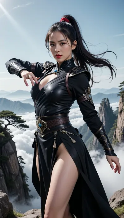 完美的画面，电影级的光影。中国修仙时代，山顶，险峰，奇石，怪树，云海。近景。一个身材极其优美的30岁中国女人身穿黑色紧身长袍，一身武侠装扮（各种配饰），站在云端，正对镜头，做了一个芭蕾舞Attitude动作。长发扎中国古代高马尾随风飘动，圆脸，瑞凤眼，火红的嘴唇，完美身材。白肤白晳细腻，白肤光滑水润有光泽。（全身照）