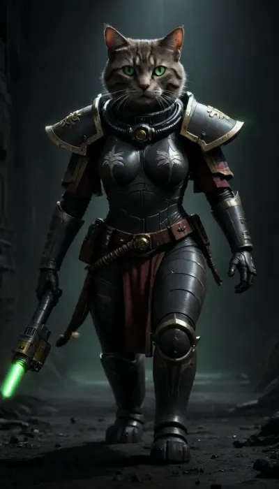 A tall slim realistic tabby cat, real cat, female cat, feline, walking towards the viewer, (european shorthair, brown greeneyes, dark gray fur), in Space Marine Armour, ar necron battlefield, clothes, ktt, artstyle, space, marine, warhammer, 40k, wh40k, adepta, sororitas, Necron, electricity, green, glow, theme, <lora:dark:.3>, <lora:Kitty LoRA - Trigger with KTT Artstyle:1.6>, <lora:WH40XL:1.8>, <lora:adepta_sororitas_xl_v1:.5>, <lora:Necron_World_XL-000009:1.6>