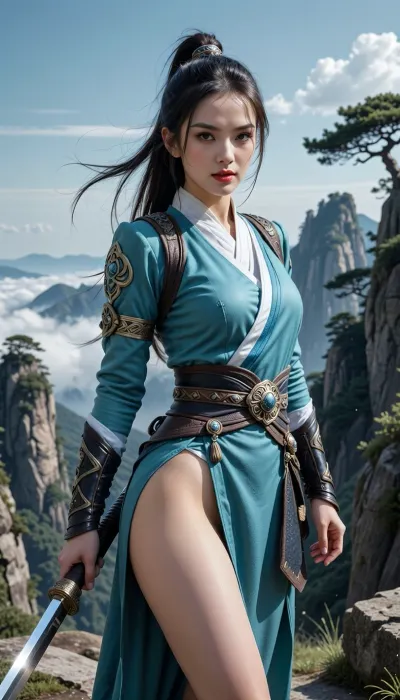 完美的画面，电影级的光影。中国修仙时代，山顶，险峰，奇石，怪树，云海。近景。一个身材极其优美的中国女人身穿青色紧身长袍，一身武侠装扮（各种配饰），正对镜头，25岁。她站着，长发扎中国古代高马尾随风飘动，鹅蛋脸，瑞凤眼，火红的嘴唇，完美身材。白肤白晳细腻，白肤光滑水润有光泽。手握连鞘长剑，行走江湖。