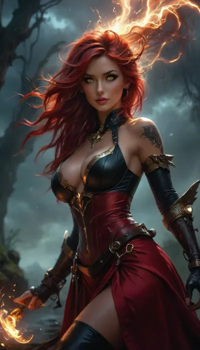 30 year old woman, ((Portrait)), a hyper realistic ultra detailed photograph of a beautiful steampunk woman 30 years old, fantasy steampunk woodland at night, dark and stormy, red hair, red steampunk satin seductress dress, long wild hair, ((strong wind, storm)), perfect mature face, perfect nose, full lips, strictly pose, detailed symmetric beautiful red eyes, detailed gorgeous face, steampunk environment, exquisite detail, medium height, front view, ((c cup breasts)), close up view, 111cine8matic55, masterpiece, 32k, (Masterpiece), high quality, Volumetric Lighting, backlight, sexy, punk style, vaporwave, neon, vibes, vibrant, stunningly beautiful, crisp, hyper realistic, sleek, red highlights, red shadows, shadowislexl, armored, glowing, ghostly, <lora:attractive_notrigger:1.5>, <lora:BUT_SDXL_SHS:1.9>, <lora:Vivid Midjourney mimic - XL SDXL v2.0:1.5>, <lora:add-detail-xl:2>, <lora:shadowislesXL-000007:1.3>