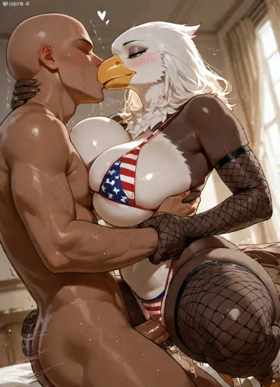 Masterpiece, high Quality, simple background, Best Quality, solo, 1girl, furry, bald eagle, light-green eyes, beak, brown body, Brown feathers, white body, white feathers, two tone body, Bird tail, avian legs, yellow legs, huge breasts, skinny body, lean thighs, dutch angle, (wearing an american flag bikini, Fishnet armgloves and thighsocks), ((unaligned breasts, breasts squish)), squatting, sex, interspecies, motion lines, BREAK, 1boy, faceless male, penis, guided breast grab, excessive pussy juices, pussy penetration, (kissing), upper body, side view, (((furry art, anthro woman))), detailed eyes, beautiful composition, intricate detail, intricate details, realistic, ultra-HD, high detail, (blurred background), bed, <lora:add-detail-xl:1.5>, <lora:LCMTurboMix_Euler_A_fix:.8>