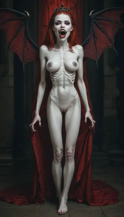 Gothic vampire girl, vampire queen, vampire wings, full body view, (fully nude:1.5), ((very skinny but huge breasts)), (very pale skin:1.8), (visible ribs:1.6), anorexic with huge breasts, very thin belly, ((vampire fangs:1.7)), carmin lips, dark nipples, dark castle background, slim body, (huge breasts), long redhead hair, red eyes, dark make up, red lips, very pale skin, naked, shaved vagina, side, Subspecies, style, <lora:Subspecies style:2>, Perfect, Fangs, fangs, sharp, teeth, fang, <lora:Unfazed vampire - XL SDXL V1.0:.8>