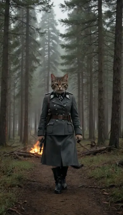 A tall slim realistic tabby cat, real cat, Nazi female cat, feline, walking towards the viewer, (european shorthair, brown greeneyes, dark gray fur), traditional German nazi clothinA black cat, Nazi, carrying a pistol, traditional German nazi clothing, black SS uniform, nazi clothing, iron cross first class, background small countrytown in the woods, rainy weather, she is leadind a big group of heavy armed germab soliers, burning trees, corpses lying around, tanks, cannons, soldiers, burning old houses, 4rt_0f_w4r, clothes, ktt, artstyle, moody, forest, <lora:ArtOfWar-xl1024-v1a-0__4rt_0f_w4r:2>, <lora:uniform:1.9>, <lora:Kitty LoRA - Trigger with KTT Artstyle:.9>, <lora:Moody_Forest_3:1.7>