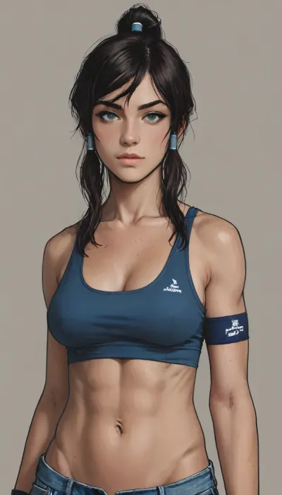 Andava, Andavaverse, realistic drawing, ((markgavatino style)), Melkor mancin style, (A detailed anime drawing with clean lines and meticulous shading, flat colors, line art, no gradients, blue and green palette), masterpiece, score_9, score_8_up, score_7_up, source_anime, close up portrait, Masterpiece, view from below, 1woman, 30 years old, tall, (korra, ponytail, armband, dark skin, muscular), solo, busty, (looking at viewer:1.4), realistic anatomy, Moebius, detailed face, (Jean, Giraud), page, lineart, <lora:Moebius (Jean Giraud) Style:1>, <lora:outline_xl_kohaku_delta_spv5x:1>, <lora:lineartSDXL:1>, <lora:MJ52:.8>, <lora:mk_Bp Anime_xl:.1>