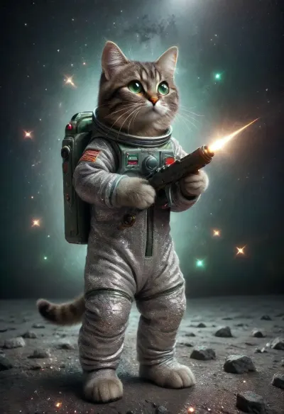 A Rocky grey Lunar landscape on the moon in space. A cute cat walking upright. walking on two feet.A very cute tabby female cat, (very dark brown-grey fur, green eyes), in a toy spacesuit. Holding a big toy laser gun. ktt, artstyle, wandathecat, sparkles, glitter, ral-glitter, <lora:Kitty LoRA - Trigger with KTT Artstyle:1.6>, <lora:wandathecat:.9>, <lora:Sparkle_Explosion:1.6>, <lora:ral-glitter-sdxl:1.2>