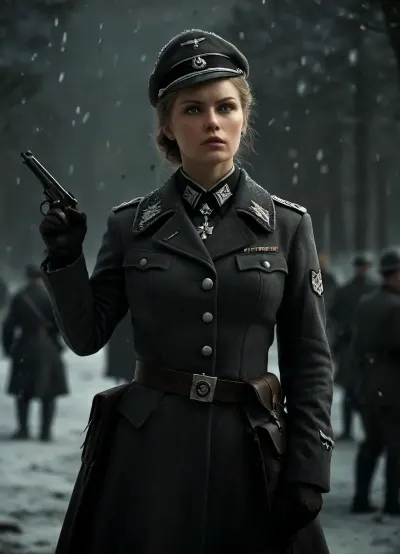 A tall cute slim realistic tabby cat, real cat, Nazi female cat, feline, (european shorthair, brown greeneyes, dark gray fur), traditional German nazi clothin SS uniform giving orders to soldiers, black uniform, fierce look, long black coat, standing in a snowy landscape, battlefield, snow is falling, a dagger And gun holster at belt, black SS uniform, nazi clothing, iron cross first class, she is commanding a troop of german soldiers, ready for victorious Battle, clothes, 4rt_0f_w4r, (soederxl:1.5), SnowFall, Blizzard, <lora:uniform:2>, <lora:dark:.8>, <lora:MJ52:1.4>, <lora:ArtOfWar-xl1024-v1a-0__4rt_0f_w4r:1.9>, <lora:SnowFallXL:1.2>