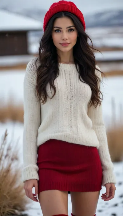 Snowy landscape, (outdoor shot), close-up next to a snowman, full-body view, beautiful woman, attractive, pretty, slim, brown eyes, (long black hair, extremely long hair, wavy hair, tousled hair across face:1), (slight smile:1), dark skin, (medium breasts:1), realistic, detailed skin texture, dewy skin, (Icelandic sweater with short red skirt:1.2), knit hat, tall boots, detailed skin, light skin, <lora:BUT_SDXL_SHS:.8>