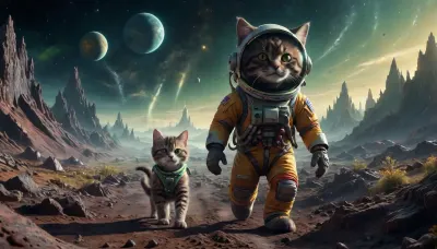 A Rocky strange landscape on an alien planet in space. A cute cat walking upright. Cat is smiling, walking on two feet.A very cute tabby female cat, (very dark brown-grey fur, green yellow eyes), in a toy spacesuit with astronaut helmet. ktt, Jed-Cosmos, <lora:Kitty LoRA - Trigger with KTT Artstyle:.9>, <lora:Space_sdxl:.4>, <lora:Jed-Cosmos-sdxl:1.6>, <lora:Surreal_Space-000013:1.8>