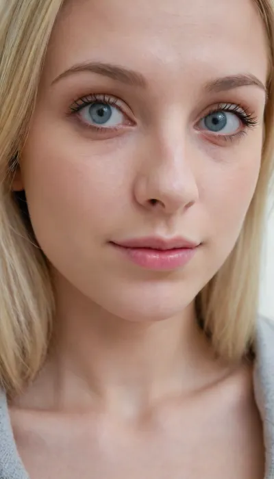Close-up portrait of a young adult woman with a naturally rounded oval face, fair skin with visible pores and subtle skin texture, soft rounded cheeks, broad forehead, light blonde eyebrows with low contrast, slightly hooded light blue-gray eyes of medium-small size, neutral relaxed gaze, straight medium-width nose with a softly rounded tip, thin upper lip, slightly fuller lower lip, gentle closed-mouth expression without visible smile, soft rounded chin, smooth jawline without sharp angles, naturally proportioned face, minimal facial asymmetry, faint under-eye shadows, small beauty mark on the left cheek near the jawline, another tiny mark below the lower lip, natural skin imperfections, no makeup, authentic smartphone photography realism, ordinary facial proportions, documentary portrait, unretouched skin, realistic facial anatomy, subtle translucency of skin, natural color variation, highly detailed facial texture, 85mm portrait crop, face filling most of the frame, photorealistic, ultra detailed.