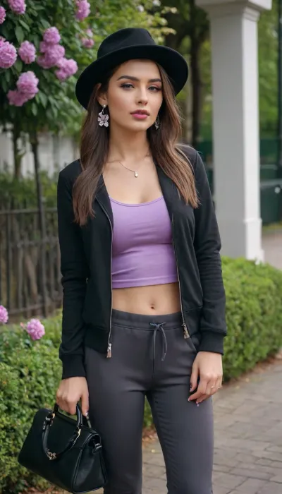 A girl wearing a fashionable tracksuit, a dark gray and green tank top, an unbuttoned black jacket, her hair down, long, a beautiful handbag, sneakers, a beautiful women's hat with artificial flowers, lilac lipstick, beautiful jewelry on her neck and earrings, and the girl herself is very beautiful and at the same time cool.