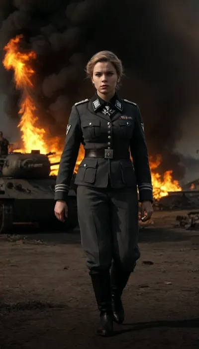 A tall slim realistic tabby cat, full body, real cat, Nazi female cat, feline, walking towards the viewer, (european shorthair, brown greeneyes, dark gray fur), traditional German nazi clothing, ss camouflage uniform, SS high rankuniform, nazi clothing, iron cross first class, she is leading a fierce group of armed german soliers. In an country town, burning houses, fire a d explosions, corpses lying around, burning tanks, cannons, soldiers, burning old houses, 4rt_0f_w4r, clothes, inferno, all, over, black, background, flame, jet, from, right, left, below, big, calm, flames, silhouette, <lora:ArtOfWar-xl1024-v1a-0__4rt_0f_w4r:1.7>, <lora:uniform:1.9>, <lora:dark:.6>, <lora:inferno:1.4>, <lora:sdxl_lora_scrunge_v1.1:1.4>