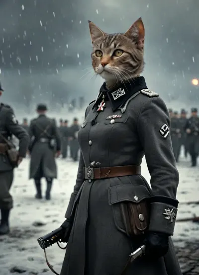 A tall cute slim realistic tabby cat, real cat, Nazi female cat, feline, (european shorthair, brown greeneyes, dark gray fur), traditional German nazi clothin SS uniform giving orders to soldiers, black uniform, fierce look, long black coat, standing in on a strange planet, battlefield, snow is falling, a dagger And gun holster at belt, black SS uniform, nazi clothing, iron cross first class, she is commanding a troop of german soldiers, ready for victorious Battle, clothes, 4rt_0f_w4r, (soederxl:1.5), sw02d_xl, <lora:uniform:2>, <lora:MJ52:1.4>, <lora:ArtOfWar-xl1024-v1a-0__4rt_0f_w4r:1.9>, <lora:Space_Worlds_02_Dark_xlv1:1.4>
