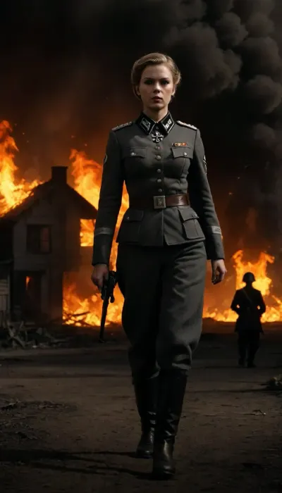 A tall slim tabby cat, real cat, Nazi female cat, walking towards the viewer, (european shorthair, brown greeneyes, dark gray fur), traditional German nazi clothing, ss camouflage uniform, SS high rankuniform, nazi clothing, iron cross first class, she is leading a fierce group of armed german soliers. In an country town, burning houses, fire a d explosions, corpses lying around, burning tanks, cannons, soldiers, burning old houses, 4rt_0f_w4r, clothes, inferno, all, over, black, background, flame, jet, from, right, left, below, big, calm, flames, silhouette, <lora:ArtOfWar-xl1024-v1a-0__4rt_0f_w4r:1.7>, <lora:uniform:1.9>, <lora:dark:.5>, <lora:inferno:1.6>