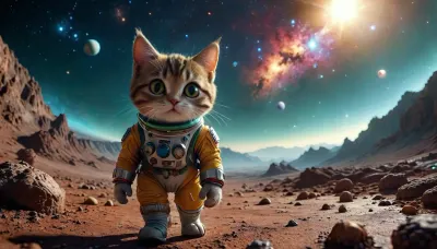 A Rocky strange landscape on an alien planet in space. A cute smiling cat walking upright. Cat is smiling, walking on two feet.A very cute tabby female cat, european shorthair, (very dark brown-grey short fur, green yellow eyes), in a toy spacesuit with astronaut helmet. ktt, Sp4c3, Sc3n3, planet, stars, nebulae, sky, <lora:Kitty LoRA - Trigger with KTT Artstyle:1.4>, <lora:Miniature_Space:2>, <lora:Vivid Midjourney mimic - XL SDXL v2.0:.9>, <lora:MJ52:2>