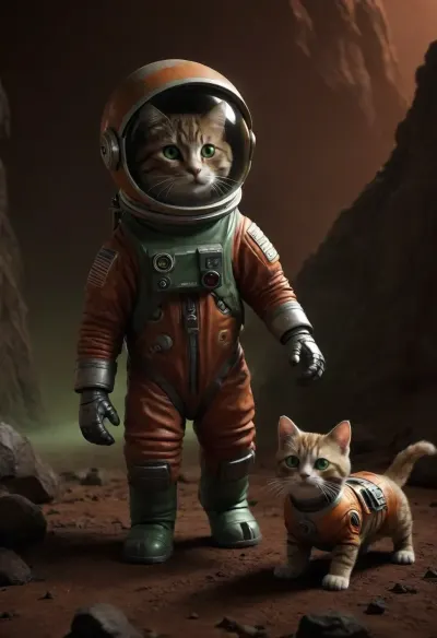 A Rocky red landscape on red planet Mars, space. Bright orange Red sunrise. A cute cat walking upright. Cat is smiling, walking on two feet.A very cute tabby female cat, (very dark brown-grey fur, brown-green eyes), in a toy spacesuit with astronaut helmet, She is holding a toy laser gun, toy laser pistol. ktt, artstyle, gloomy, yinan, <lora:Kitty LoRA - Trigger with KTT Artstyle:.9>, <lora:gloomyXL:1.8>, <lora:dark:.6>, <lora:EnvyPulpScifiXL:.8>