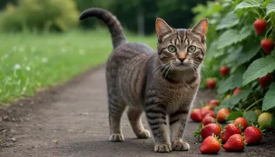 A cute cat walking upright. Cat is smiling, walking on two feet.A very cute tabby female cat, european shorthair, (very dark brown-grey short fur, green yellow eyes), in a garde full of big strawberries.. ktt, petro-strwberr, made, from, strawberry, <lora:Kitty LoRA - Trigger with KTT Artstyle:1.4>, <lora:1.2C_V2_E14_Strawberry_Fun_XL:1.1>, <lora:MadeFromStrawberryXL:.8>