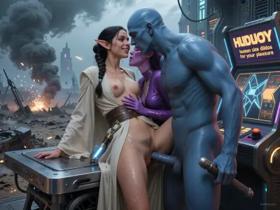 Oil painting style, Greg Rutkowski inspired, ethereal, cinematic lighting, hyper-realistic, 8k resolution, intricate detail, high fantasy, "The Empire Strikes Back" aesthetic. A cinematic wide shot of a beautiful elvish jedi in very light robe, on top of a steel platform, she is having sex with a purple dressed female and a giant bald naked blue male, amid a battlefield with smoke and high tech sparks, epic scale.

The blue man is fucking her pussy. The purple woman rubs her nipples and kisses her deeply, lovingly lookinh in her eyes. A beautiful young jedi, SamDoesArt2, passionate, petite, (dark haired skinny female elf:1.3), very beautiful face, dark tan skin, french braid, very small breasts, stiff nipples, nipples exposed, robes, pussy with slight pubic hair exposed, belt with lightsaber hanging from it, elf ears, she smiles and blushes as she has an orgasm, squirting pussy and beautiful pussy lips, she is having a really good time.

On the side is a futuristic slot machine that reads in angular print, "HUDIJOY, human size dildos for your pleasure"