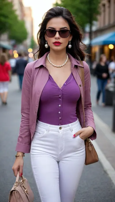 A girl in a dark lilac T-shirt, a chestnut-colored summer jacket on top, white jeans, high heels, a small handbag, cherry lipstick on her lips, pearls on her neck, ruby ​​earrings in her ears, a girl walking around the city, a very beautiful girl, black hair, a ponama on her head, in black sunglasses
