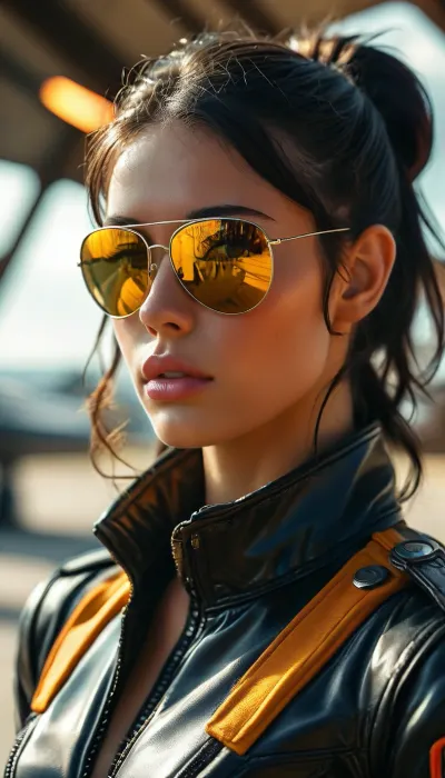 Masterpiece, view from below, French 30 years old woman, tall, ((strict ponytail black hair)), sexy, seductive face, tanned, heavy eyeliner, large natural boobs, ((black jet fighter pilot suit)), (deep cleavage), ((standing)), military airfield, bright sun, perfect hands, ((mirror aviator sunglasses)), <lora:style_lora_realis:.8>, <lora:MJ52:.8>, looking, at, viewer, <lora:looking_at_viewer:.8>