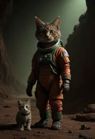 A Rocky red landscape on red planet Mars, space. Bright orange Red sunrise. A cute cat walking upright. Cat is smiling, walking on two feet.A very cute tabby female cat, (very dark brown-grey fur, brown-green eyes), in a toy spacesuit with astronaut helmet. She is holding a toy laser gun. ktt, artstyle, gloomy, yinan, <lora:Kitty LoRA - Trigger with KTT Artstyle:.9>, <lora:gloomyXL:1.8>, <lora:dark:.6>, HuMeow, <lora:SDXL-HuMeow-LoRA-r8-000003:.8>