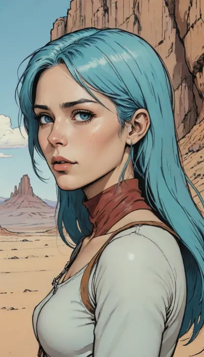 score_9, score_8_up, score_7_up, (A detailed drawing with clean lines and meticulous shading, flat colors, line art, no gradients), close up, front view, realistic anatomy, female, long blue to turquoise hair, dark brown uniform, desert, mountains, wasteland, scrap, clouds, (desert city in Background), Moebius, detailed face, (Jean, Giraud), page, lineart, <lora:Moebius (Jean Giraud) Style:1.5>, <lora:outline_xl_kohaku_delta_spv5x:2>, <lora:lineartSDXL:.5>, <lora:sketch_it:2>